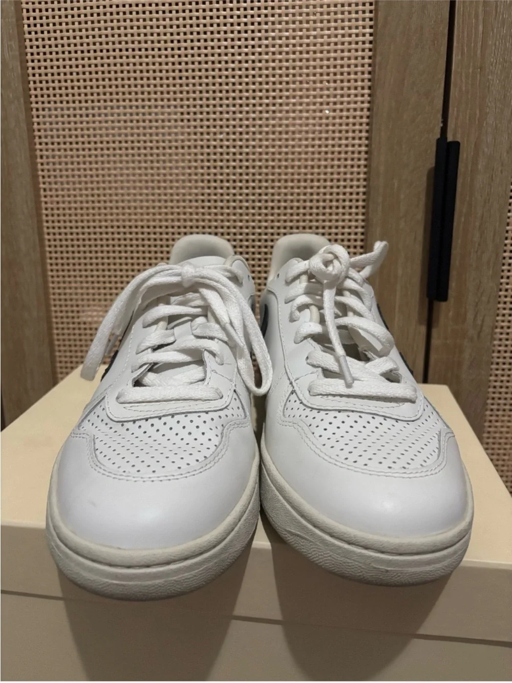 Veja V-10 Leather Sneakers — White with Black V